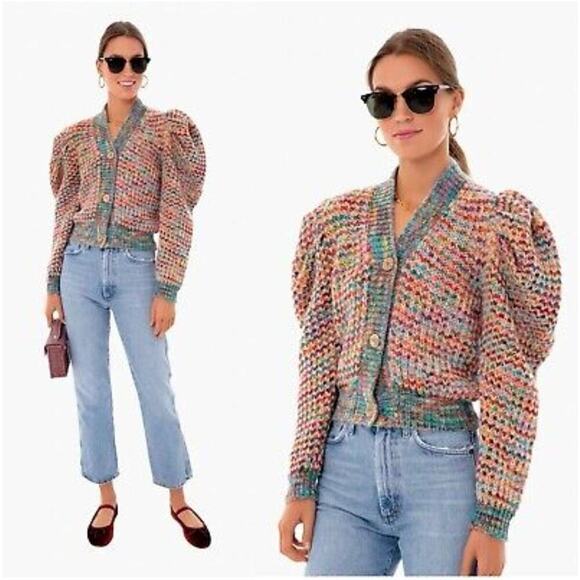 Ulla Johnson Fiora Wool Puff Sleeve Rainbow Cardigan Sweater Sz M / L - Picture 2 of 16